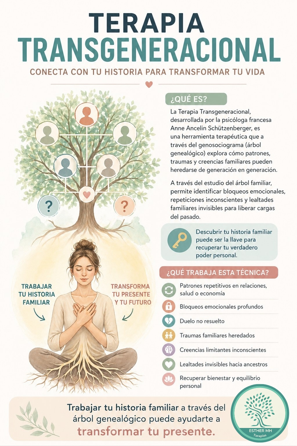 Imagen publicitaria de una terapia transgeneracional basada en un árbol y una mujer meditando un poco más abajo